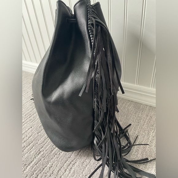 Victoria’s Secret Faux Black Leather Fringe Sides Draw String Backpack - Picture 2 of 8